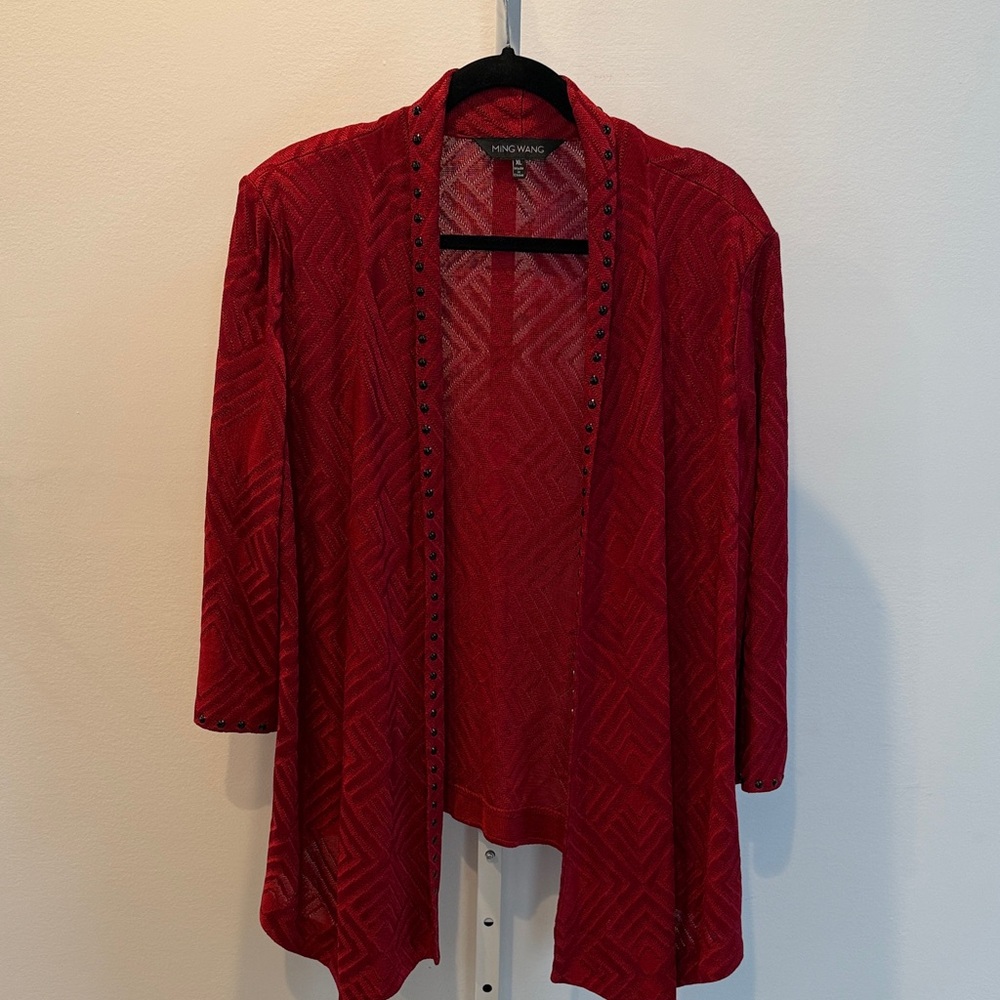 Ming Wang Women Red Cardigan XL Open Front Textured Stud Trim Luxury